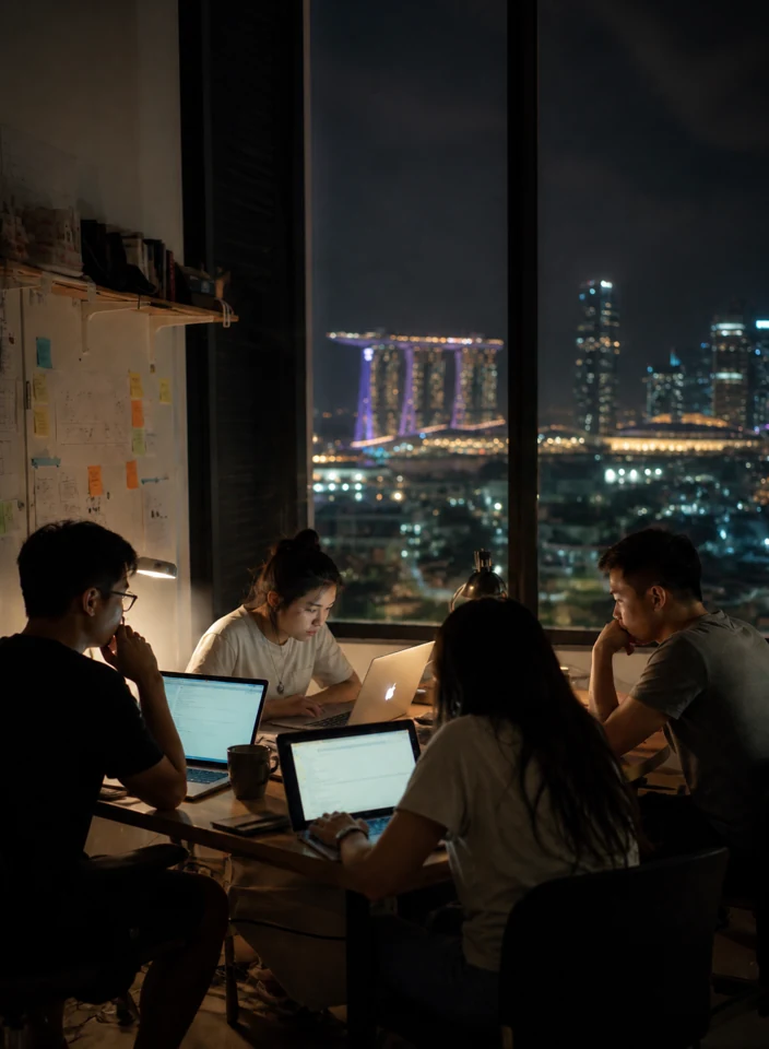 Four teammates working late in a Singapore coworking room at night